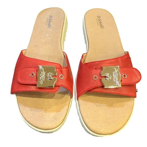 Dr. Scholl's Shoes - Dr. Scholl's Red Leather Sandals with Gold Velcro Buckle Sz 9